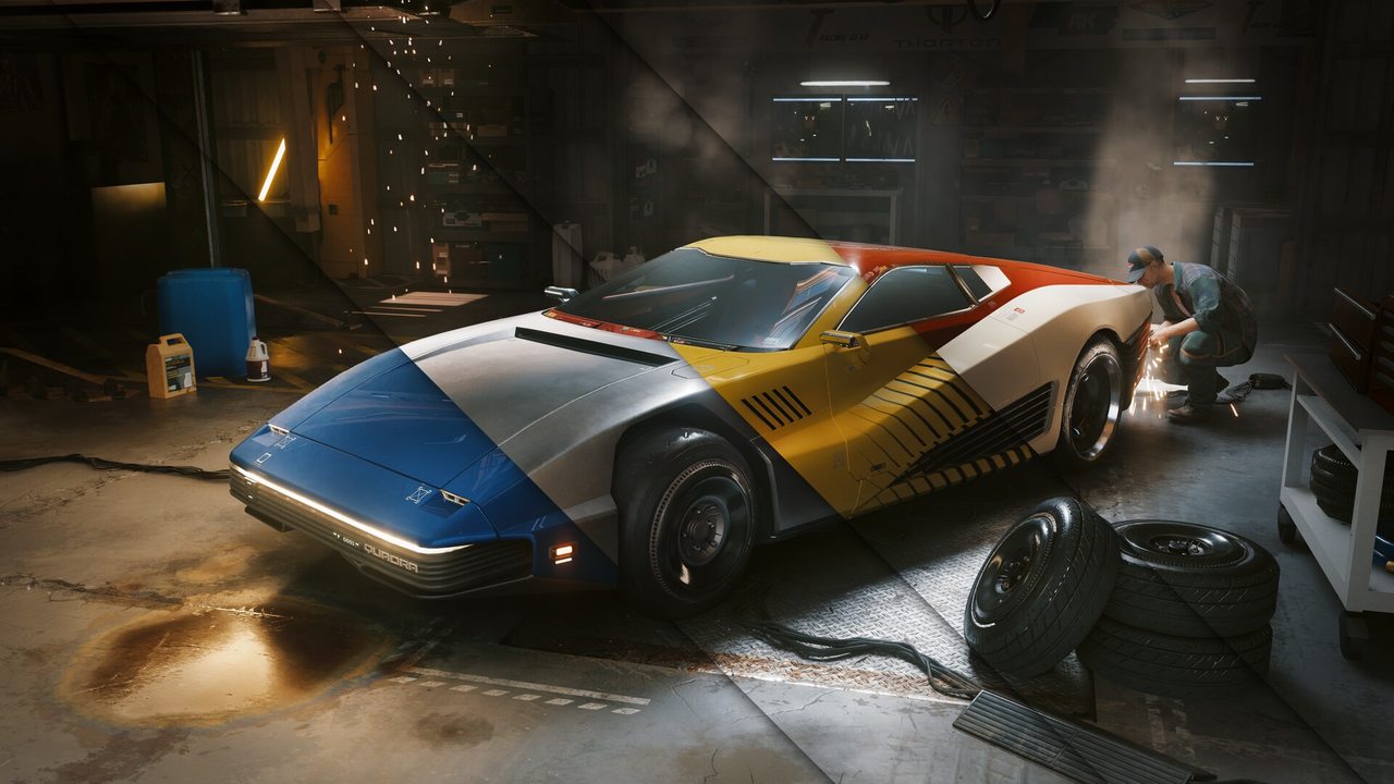 Cyberpunk 2077 screenshot of a Quadra car in a garage