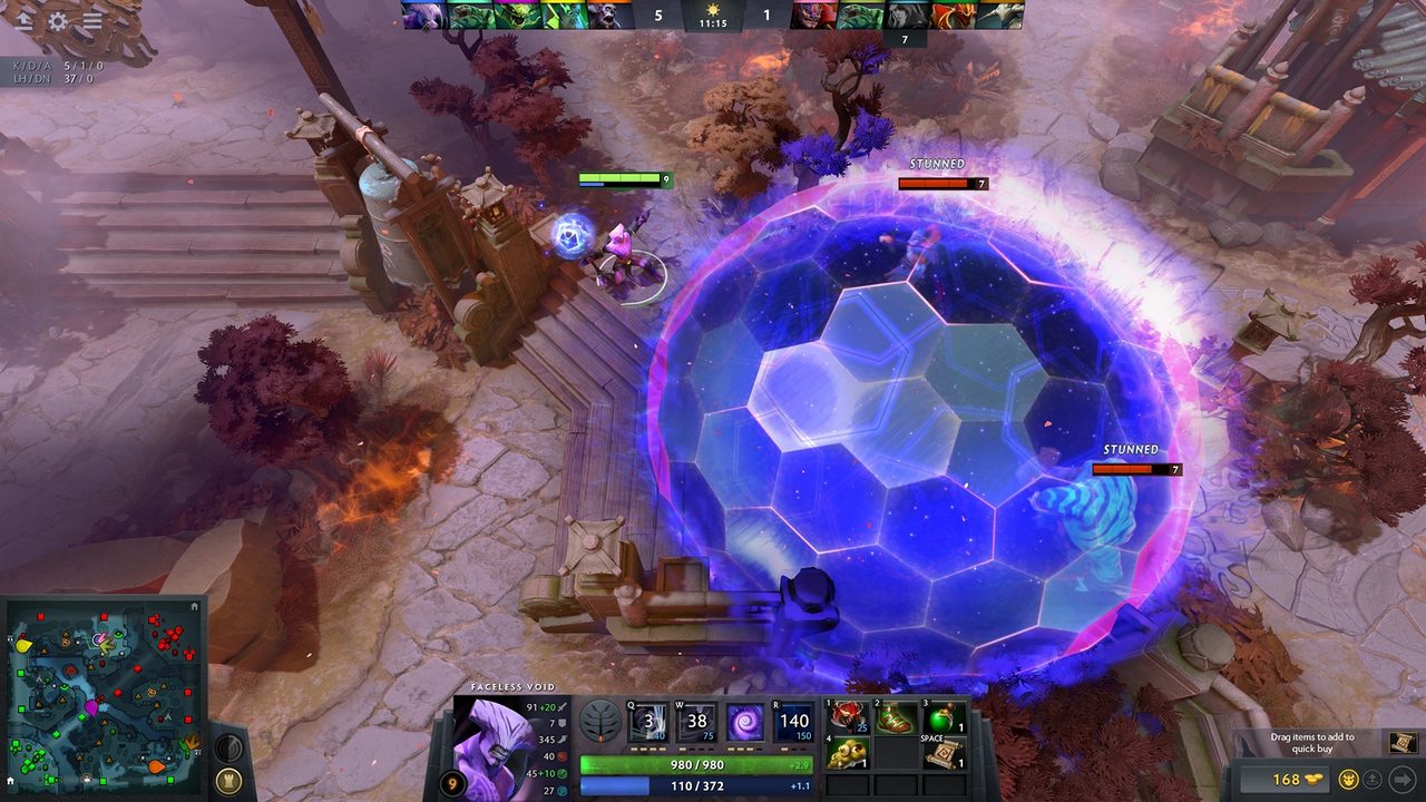 Dota 2 screenshot of a team fight inside a purple dome ability