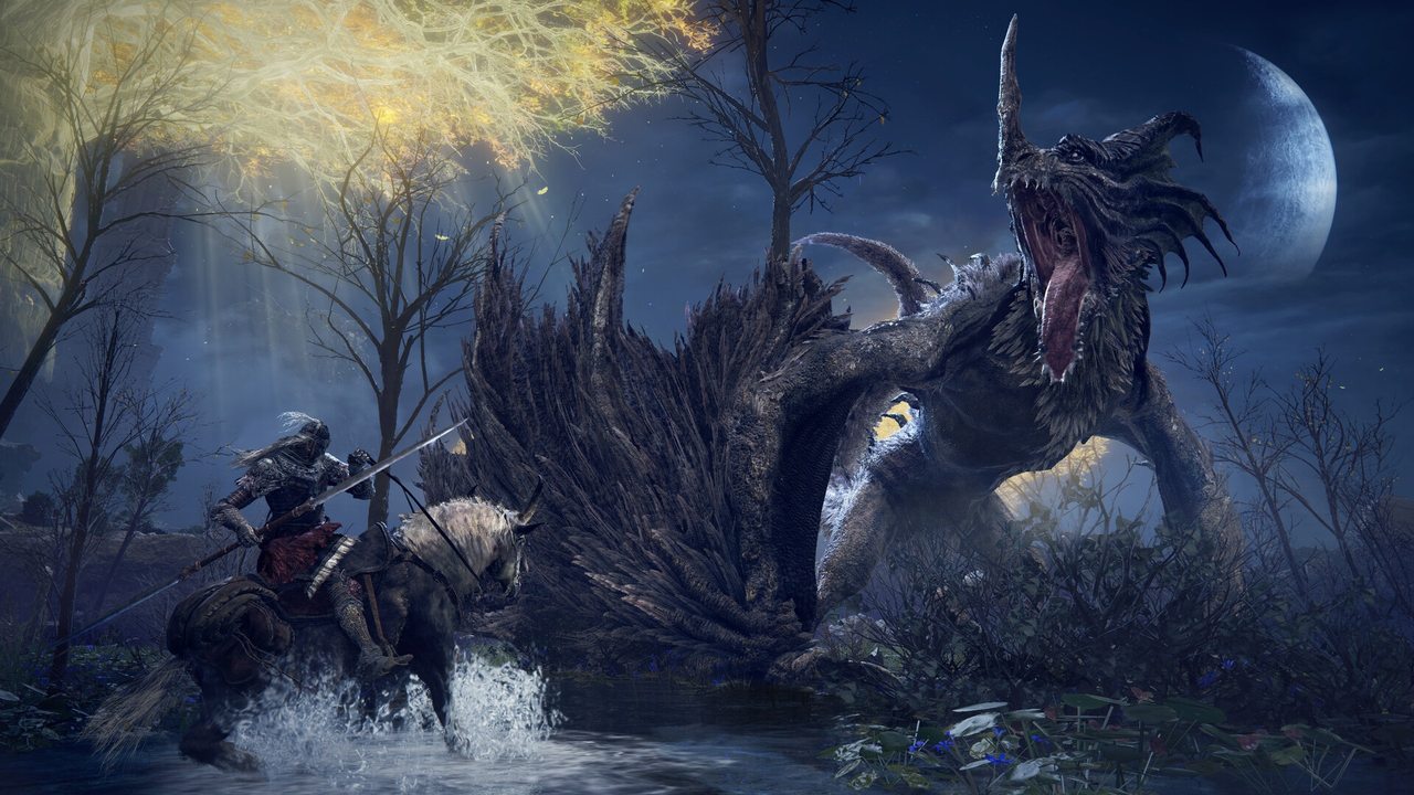 Elden Ring screenshot of a dragon in a river at night