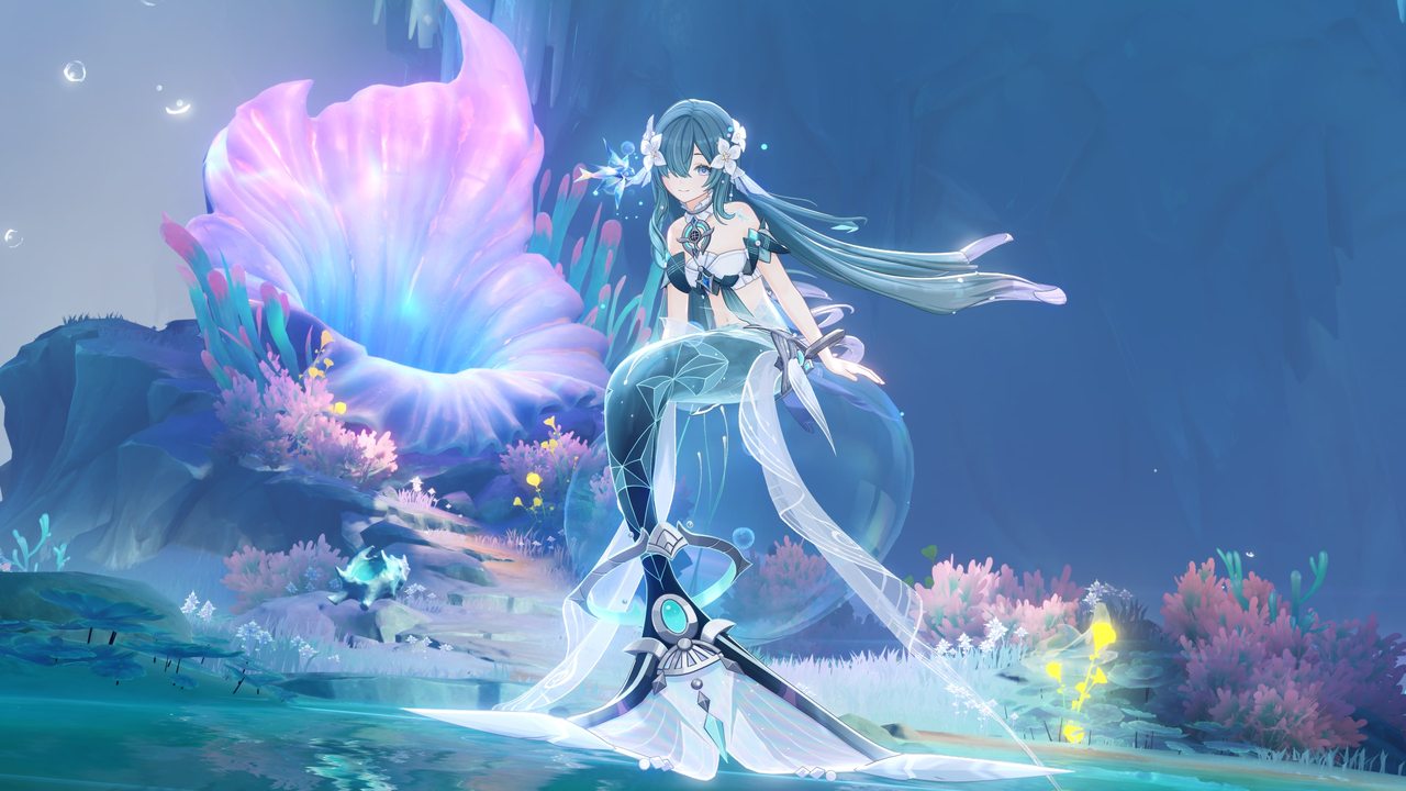 Genshin Impact screenshot of a character beside a giant glowing flower
