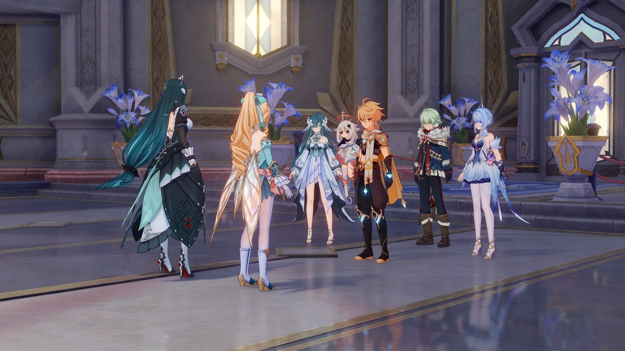 Genshin Impact screenshot of a party in an ornate hall