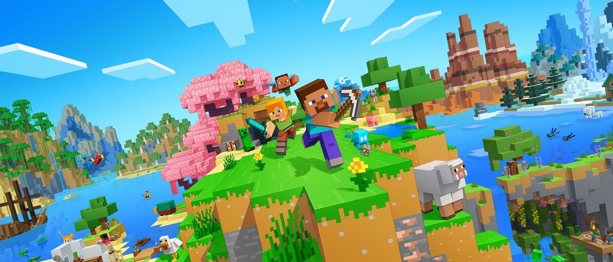 Official Minecraft key art of a blocky landscape