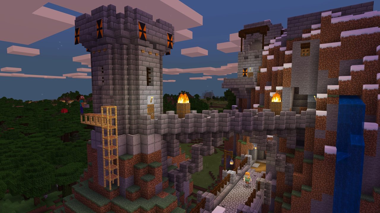 Minecraft screenshot of a stone castle beside a waterfall