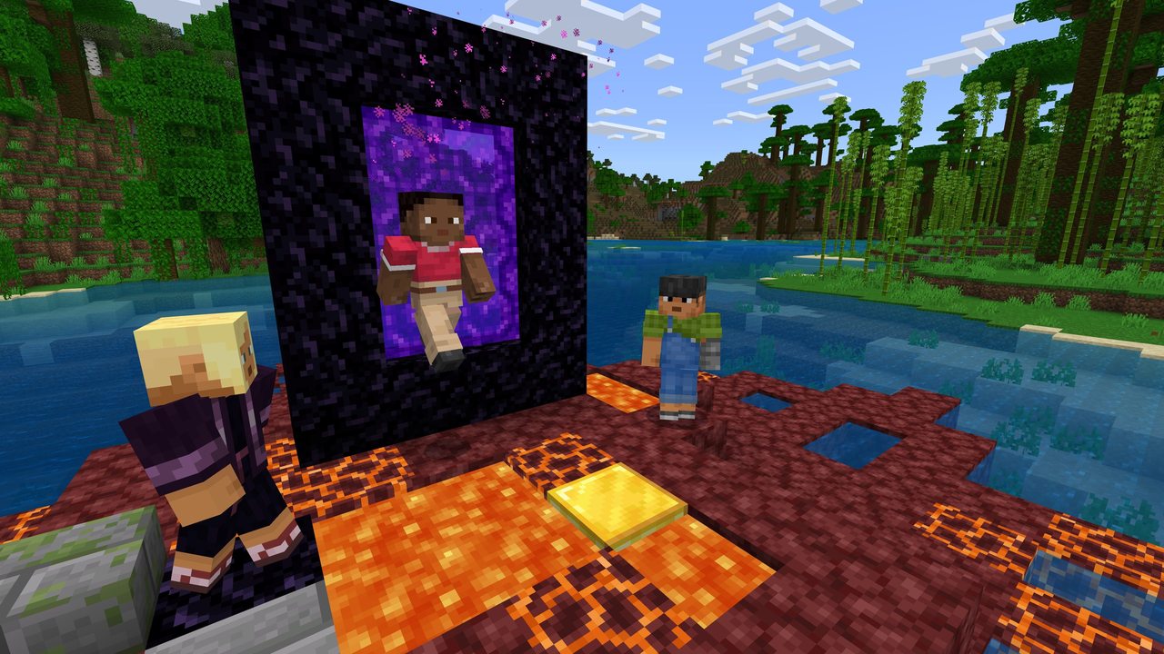 Minecraft screenshot of three players at a Nether portal
