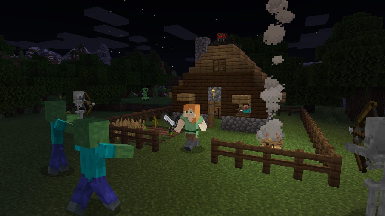 Minecraft screenshot of a zombie approaching a wooden house at night