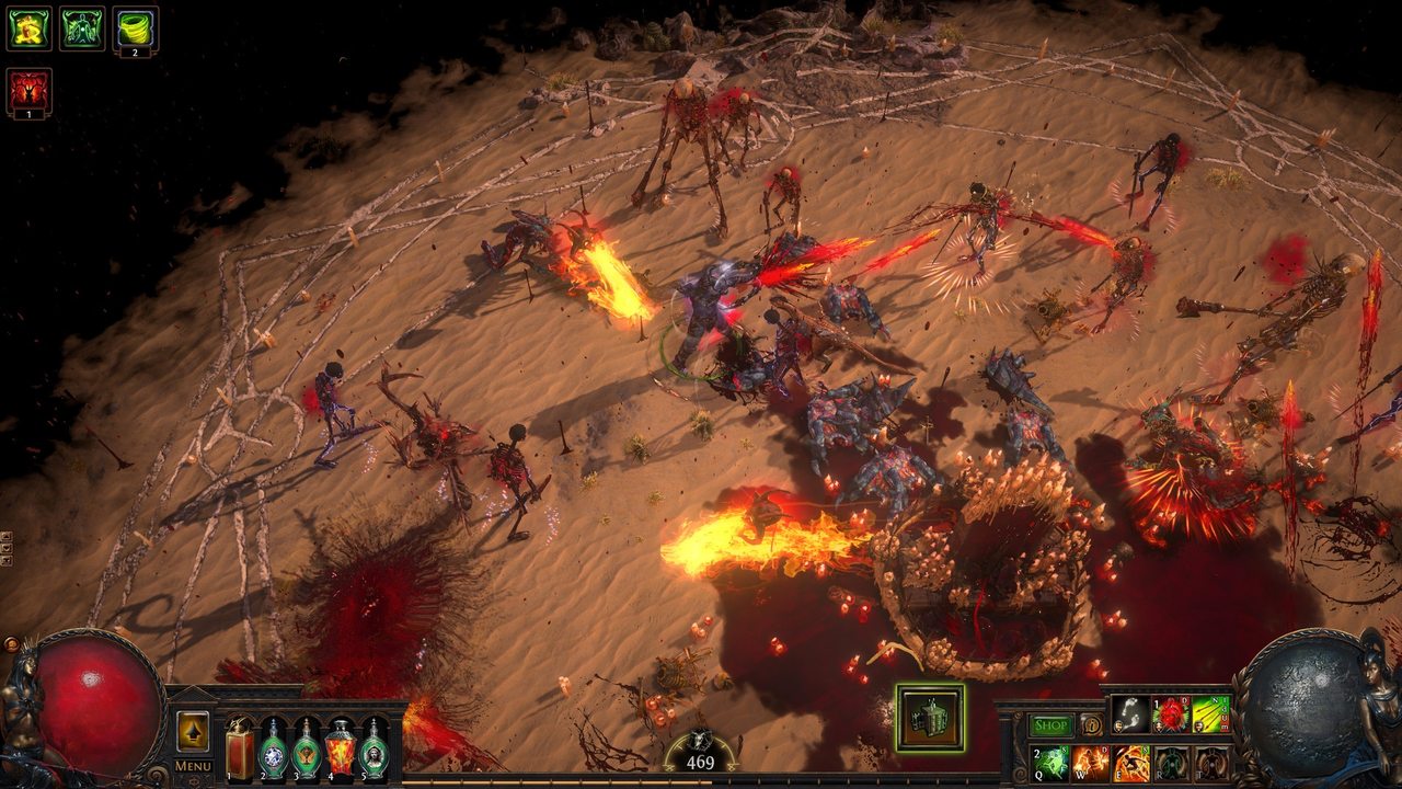Path of Exile screenshot of fire spells against desert monsters