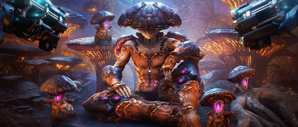 Official Warframe key art of a Tenno warframe