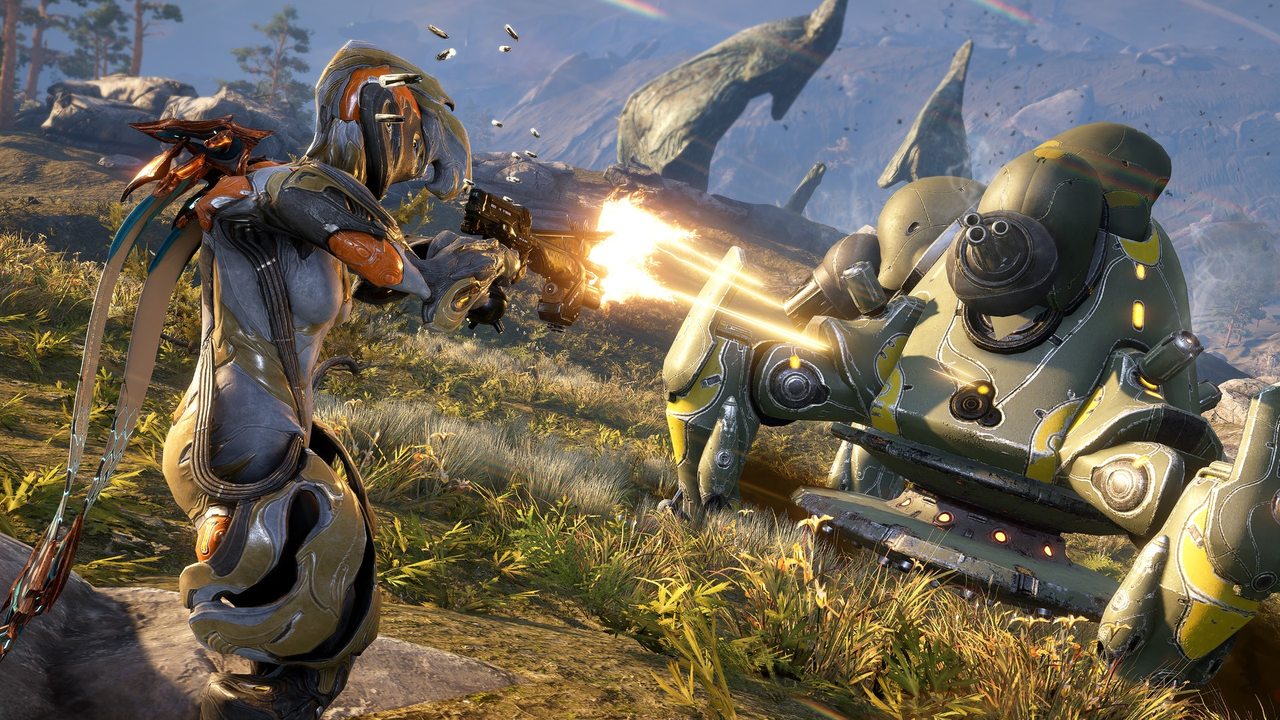 Warframe screenshot of a warframe firing at a Corpus walker on the Plains