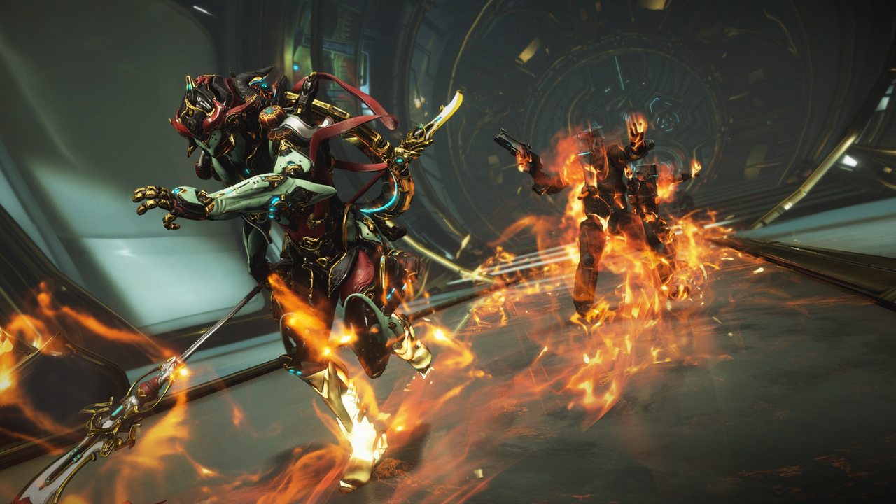 Warframe screenshot of a fire warframe in a ship corridor